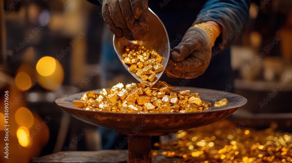 Miner pours freshly extracted gold nuggets into the balance on industrial background