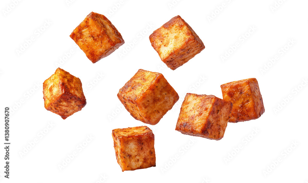 Roasted tofu cubes falling on transparent background, ready for use Roasted tofu cubes falling on transparent background, ready for use