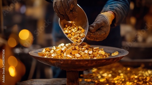 Obraz na płótnie Miner pours freshly extracted gold nuggets into the balance on industrial background w salonie