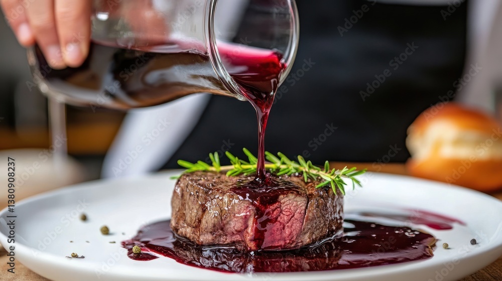 Pouring Red Wine Sauce Over Gourmet Steak Dish on Plate