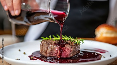 Obraz na płótnie Pouring Red Wine Sauce Over Gourmet Steak Dish on Plate w salonie