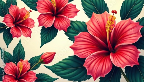 Wallpaper Mural Bold hibiscus motifs, stylized petals, elegant lines , beauty, art, wallpaper Torontodigital.ca