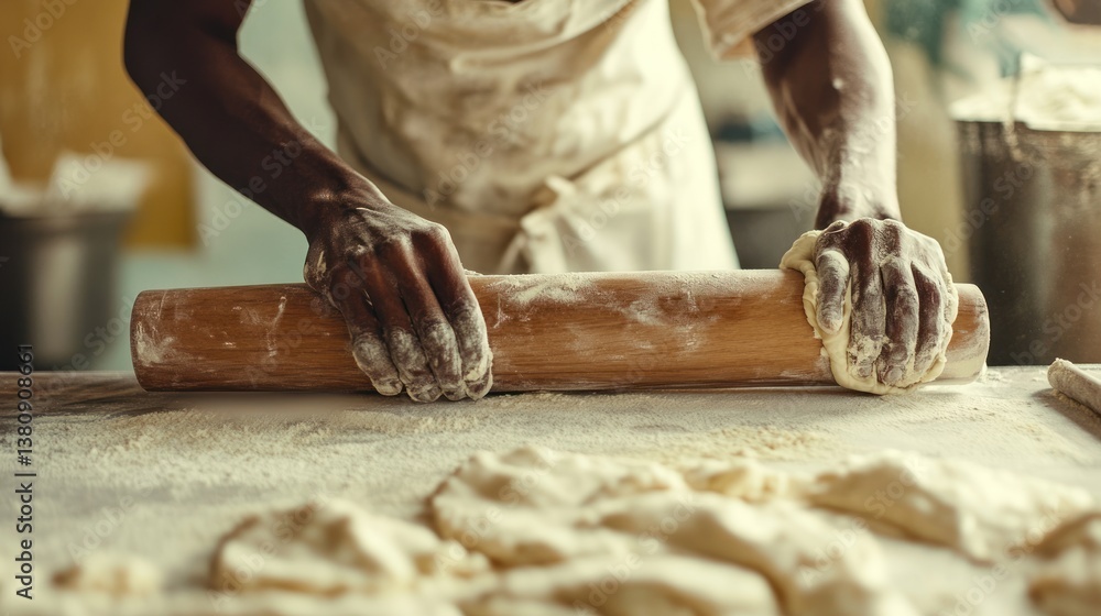 Baker carefully rolling dough on dusted table, preparing food project closeup