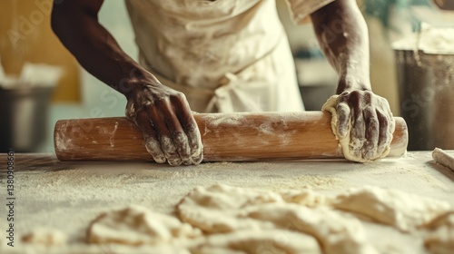Baker carefully rolling dough on dusted table, preparing food project closeup