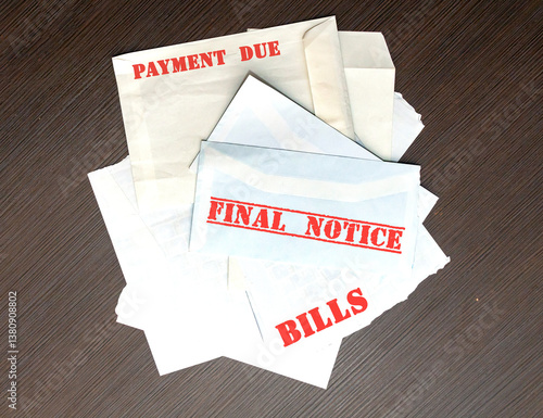 Large pile of envelopes with unpaid bills with warnings in red letters