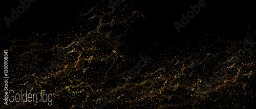 Illustration with isolated abstract golden chaotic tinsel pattern on black background.