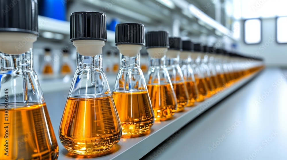 Bottles of amber liquid lined up on a production shelf in a factory Bottles of amber liquid lined up on a production shelf in a factory