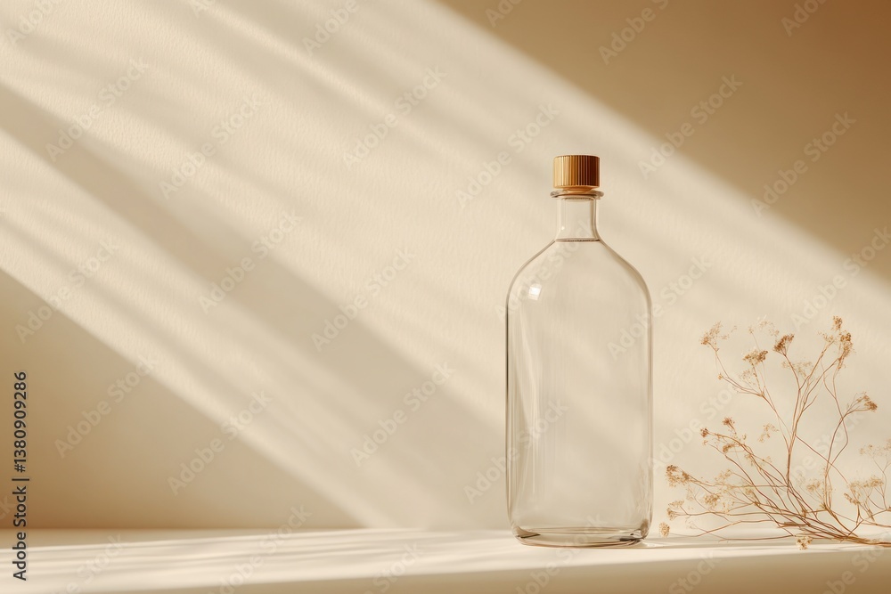 Elegant Glass Bottle Displayed with Dried Flowers and Sunlit Wall Elegant Glass Bottle Displayed with Dried Flowers and Sunlit Wall