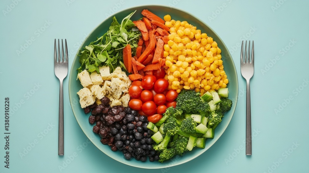 A visually striking image of a healthy plate divided into portions for protein, carbs, and vegetables, labeled with nutritional benefits, A visually striking image of a healthy plate divided into portions for protein, carbs, and vegetables, labeled with nutritional benefits,