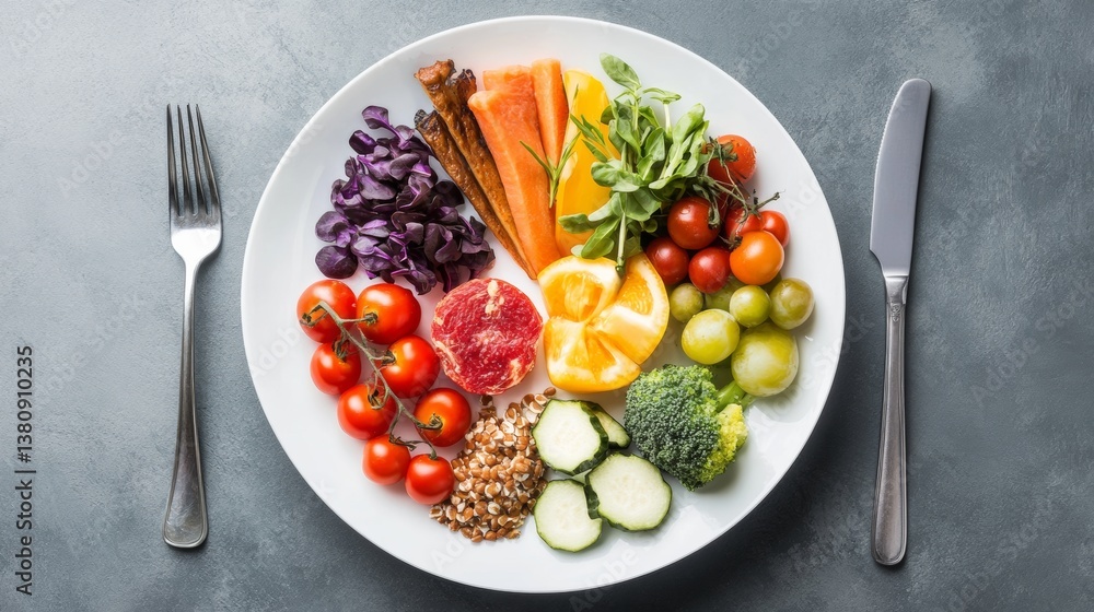 A visually striking image of a healthy plate divided into portions for protein, carbs, and vegetables, labeled with nutritional benefits, A visually striking image of a healthy plate divided into portions for protein, carbs, and vegetables, labeled with nutritional benefits,