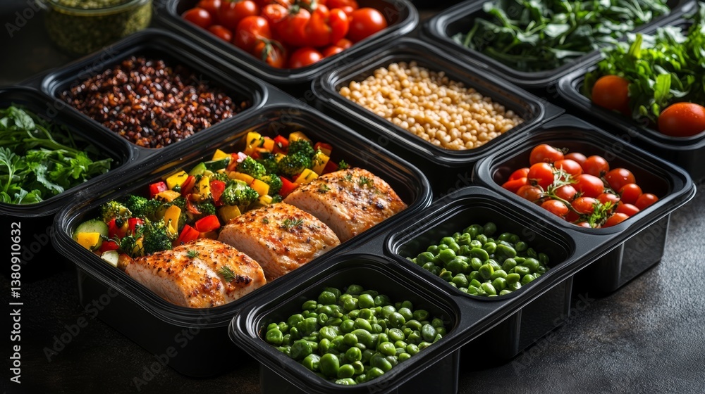 A visually stunning healthy meal prep setup with containers of fresh vegetables, proteins, and grains, well-lit, A visually stunning healthy meal prep setup with containers of fresh vegetables, proteins, and grains, well-lit,