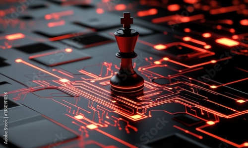 Black chess king on circuit board, strategy, technology background, business concept