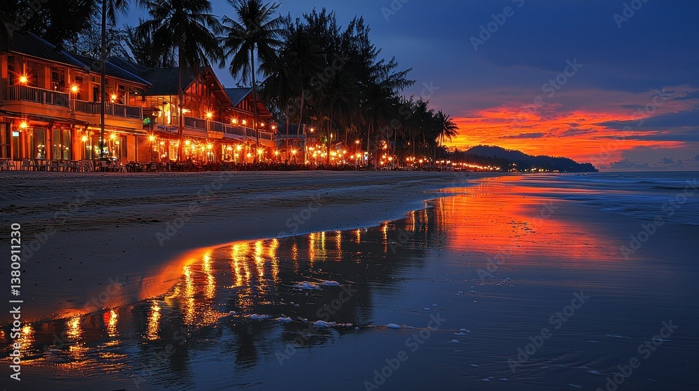Fototapeta premium Sunset Beachfront Restaurant Reflection