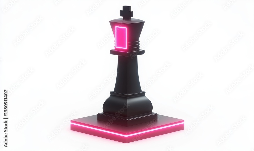 Black chess king with pink neon lights on white background for strategy concepts Black chess king with pink neon lights on white background for strategy concepts