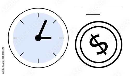 Clock and dollar coin in minimalist style emphasizing time value and money. Ideal for productivity, finance, business planning, time tracking, budgeting, economic growth, flat simple metaphor