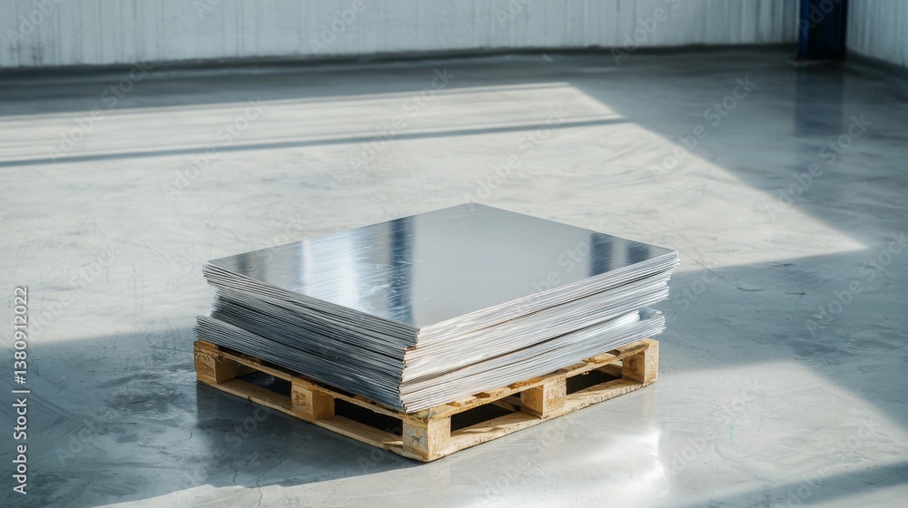 Stacked metal sheets on a wooden pallet in an industrial setting Stacked metal sheets on a wooden pallet in an industrial setting