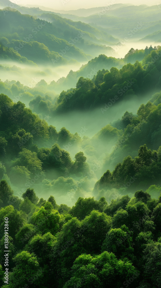 Endless sea of vibrant green trees bathed in warm morning light, with mist weaving through the treetops, creating an ethereal and tranquil atmosphere Generative AI Endless sea of vibrant green trees bathed in warm morning light, with mist weaving through the treetops, creating an ethereal and tranquil atmosphere Generative AI