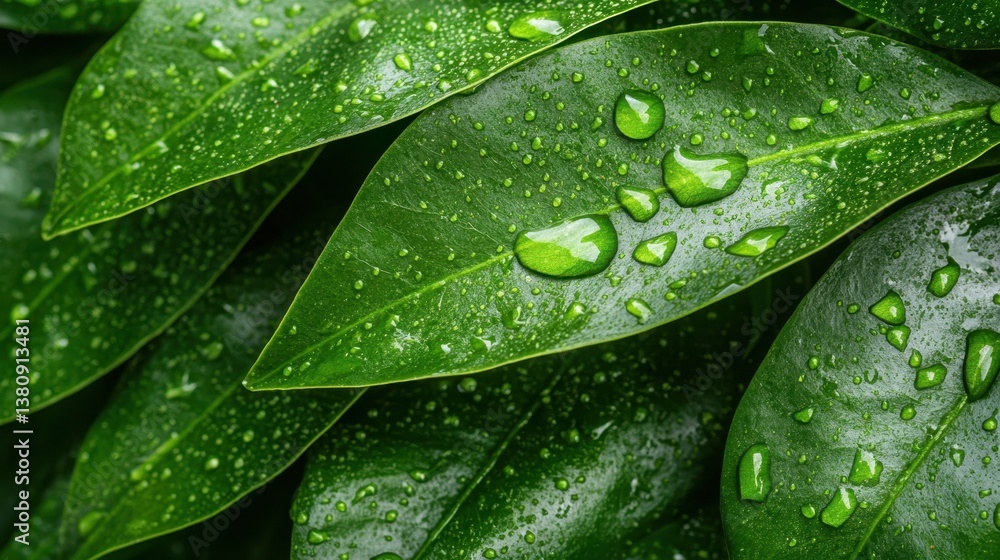 An exquisite display of lush green leaves covered in glimmering water drops, capturing the essence of vitality, freshness, and the beauty found in nature's details. An exquisite display of lush green leaves covered in glimmering water drops, capturing the essence of vitality, freshness, and the beauty found in nature's details.