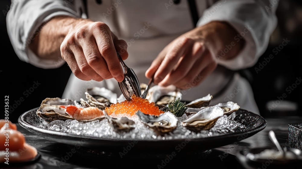 Chef delicately arranging a seafood platter featuring oysters, shrimp, and caviar