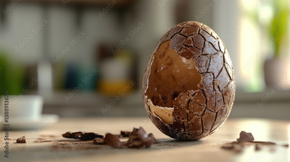 Cracked Chocolate Egg Still Life with Crumbs on Bright Table
