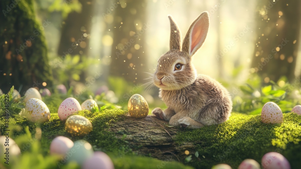 Cute Bunny Resting on Moss Log Among Decorated Easter Eggs