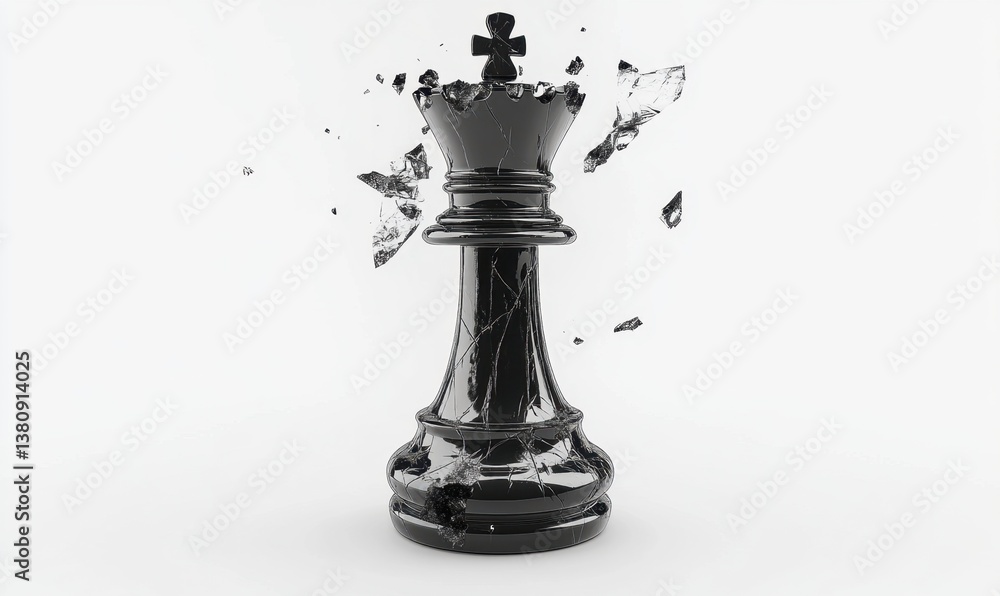 Fototapeta premium Black king chess piece shattering on white background, strategy concept