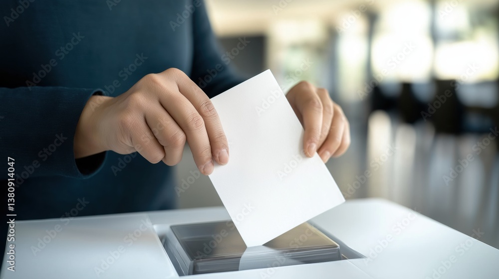 Close-up of an adult casting a voting ballot into a transparent election box during an important democratic event Close-up of an adult casting a voting ballot into a transparent election box during an important democratic event