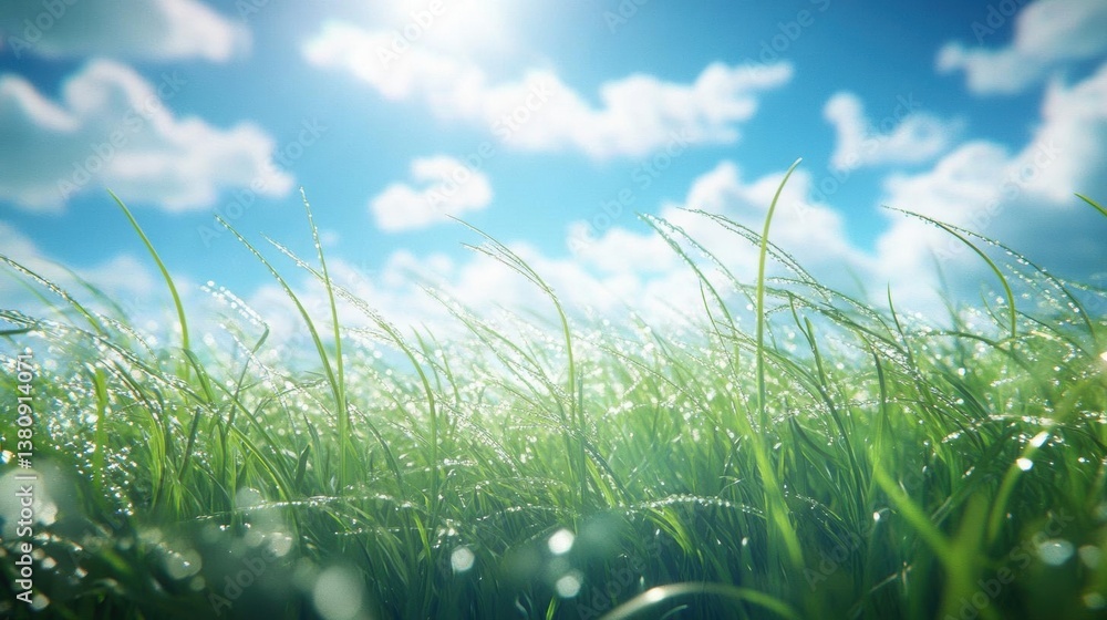 Fototapeta premium Explore the world from an ant's perspective, tall grass swaying in the wind, tiny dew droplets, immersive nature sounds, vibrant colors, virtual reality experience
