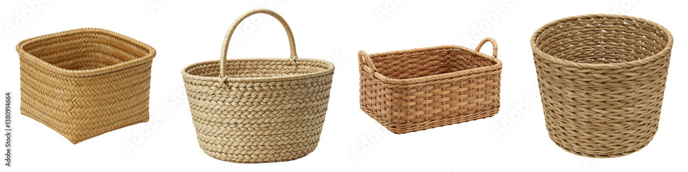 Fototapeta premium Four empty handwoven baskets of various shapes and weaves.