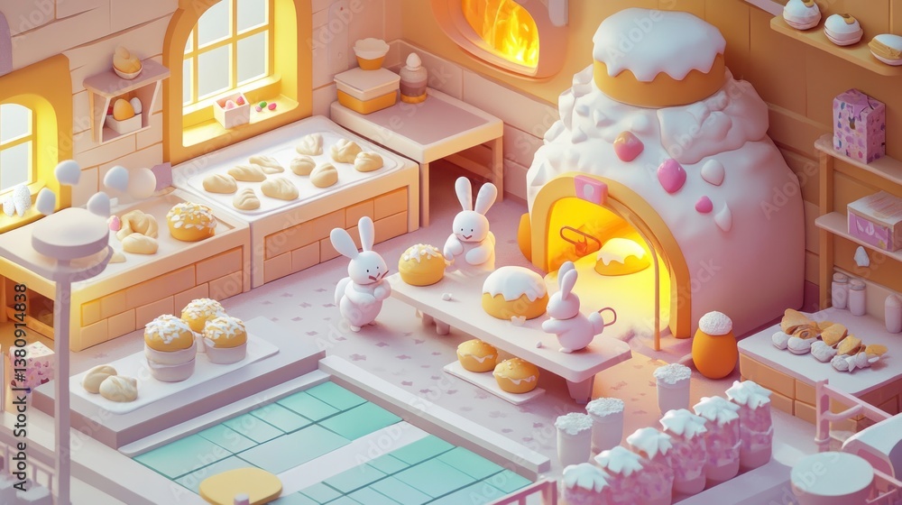 Whimsical isometric Easter bakery scene filled with adorable bunny characters