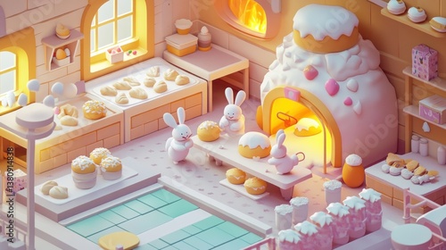 Obraz na płótnie Whimsical isometric Easter bakery scene filled with adorable bunny characters w salonie
