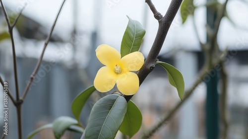 Wallpaper Mural Bright yellow vanilla flower blooms in clear daylight with lush green leaves surrounding its delicate petals Torontodigital.ca