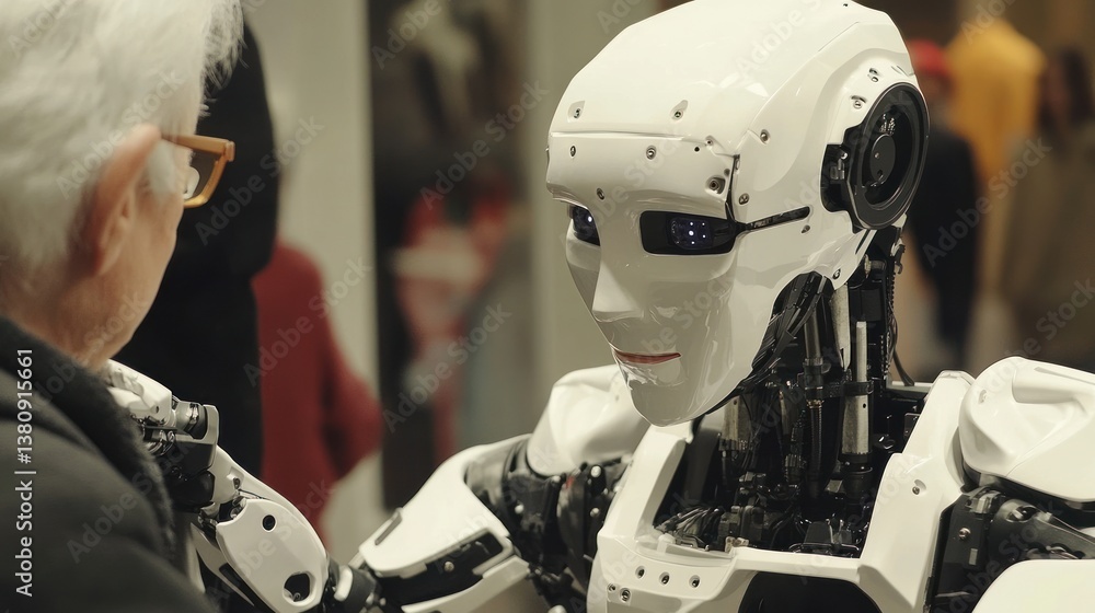Futuristic companionship, humanoid robot assisting an elderly person with care and comfort