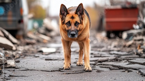 Resilient search dog on cracked pavement, stepping cautiously over rubble, alert eyes scanning for signs of life, detailed realism, vivid colors, 6K resolution