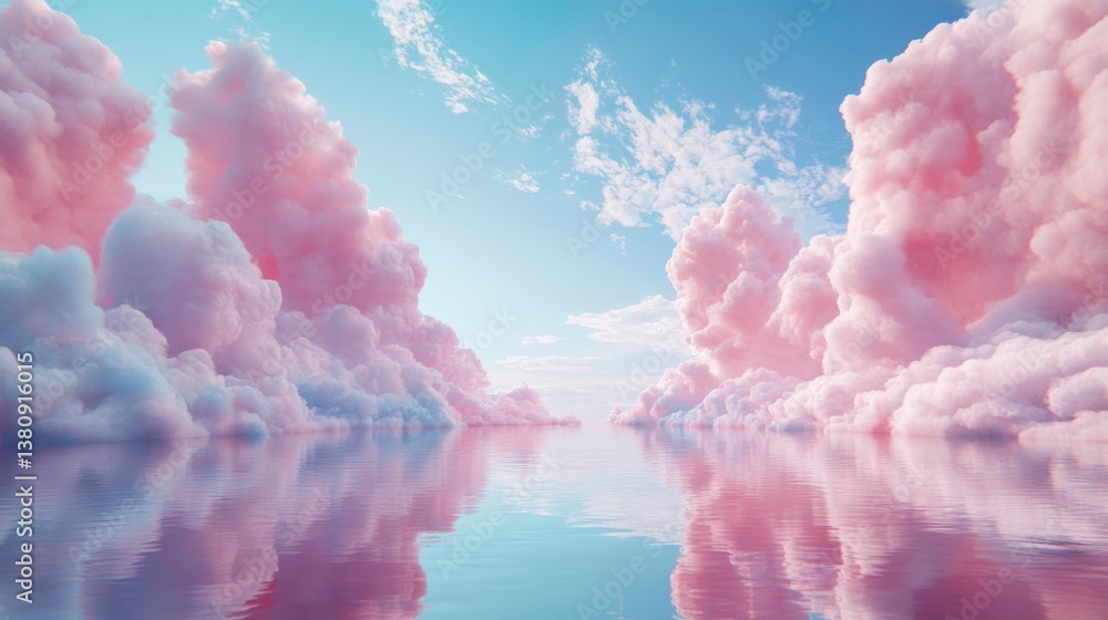 Ethereal cotton candy clouds meet tranquil waters in a surreal landscape