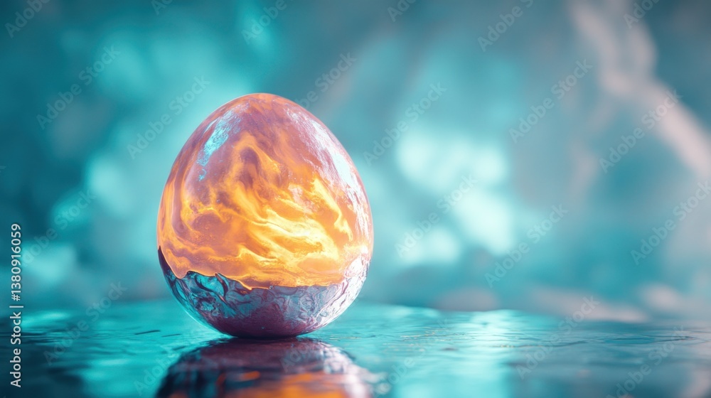 Glowing Fantasy Egg with Fire Inside on Reflective Surface