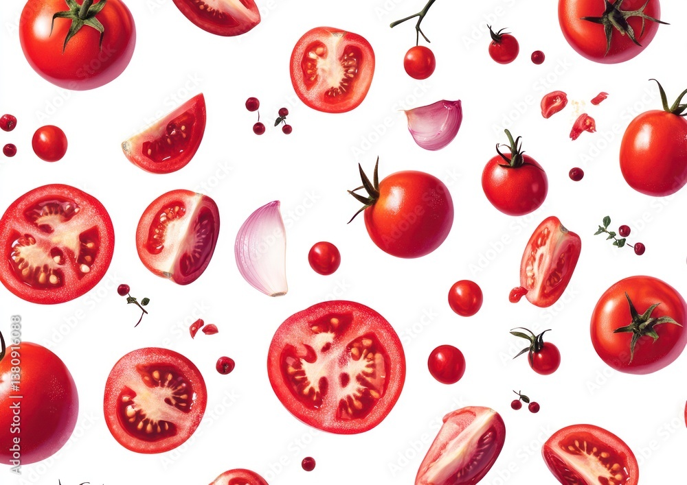 Arrangement of Fresh Tomatoes and Garlic on a White Background Arrangement of Fresh Tomatoes and Garlic on a White Background