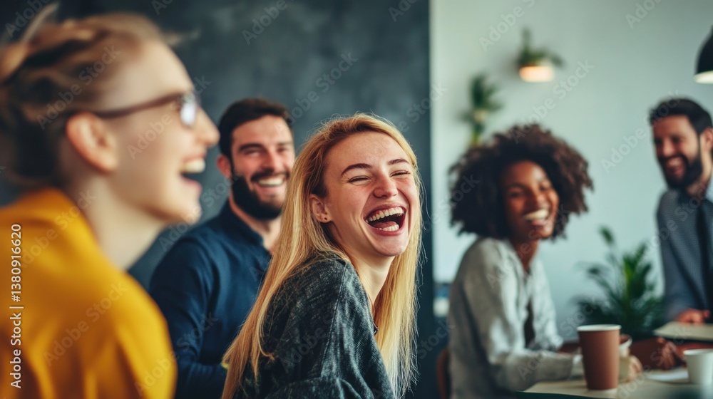 Group of People Laughing Together During Meeting in Office Setting