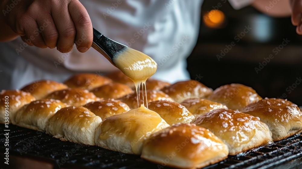 Brushing Glaze on Freshly Baked Rolls on a Metal Rack
