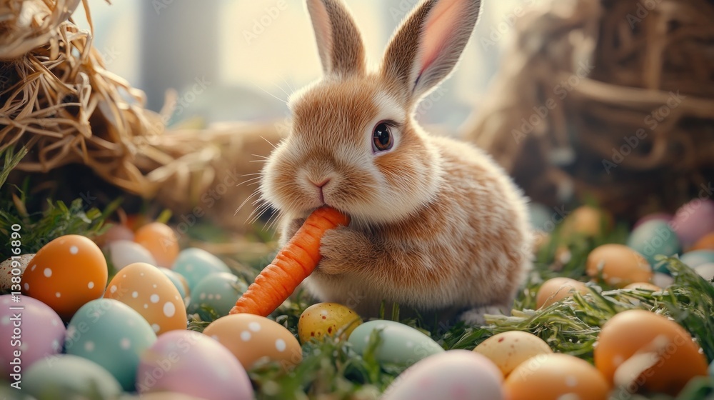 Bunny Eating Carrot Among Decorated Eggs in a Grassy Setting