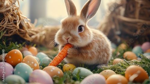 Obraz na płótnie Bunny Eating Carrot Among Decorated Eggs in a Grassy Setting w salonie