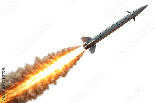 missile rocket with fireb trail isolated on white background, PNG