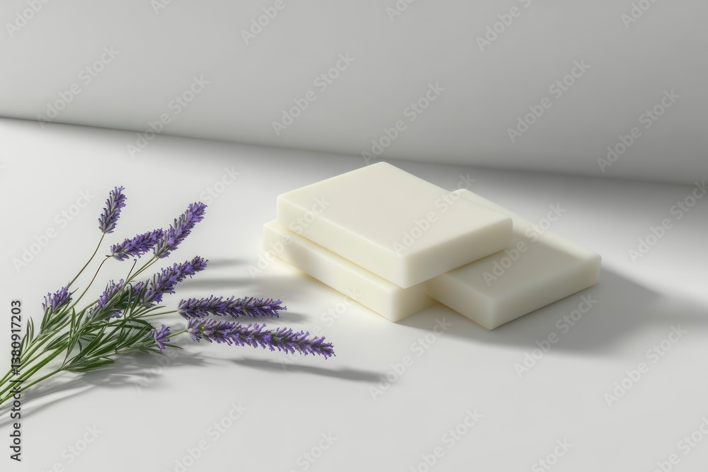 Handmade Soap Bars with Lavender Flowers on White Surface Handmade Soap Bars with Lavender Flowers on White Surface