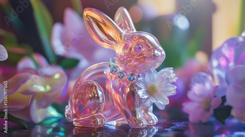 Obraz na płótnie Glass Rabbit Figurine with Flower and Jewel Collar Displayed w salonie