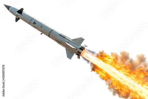 missile rocket with fireb trail isolated on white background, PNG