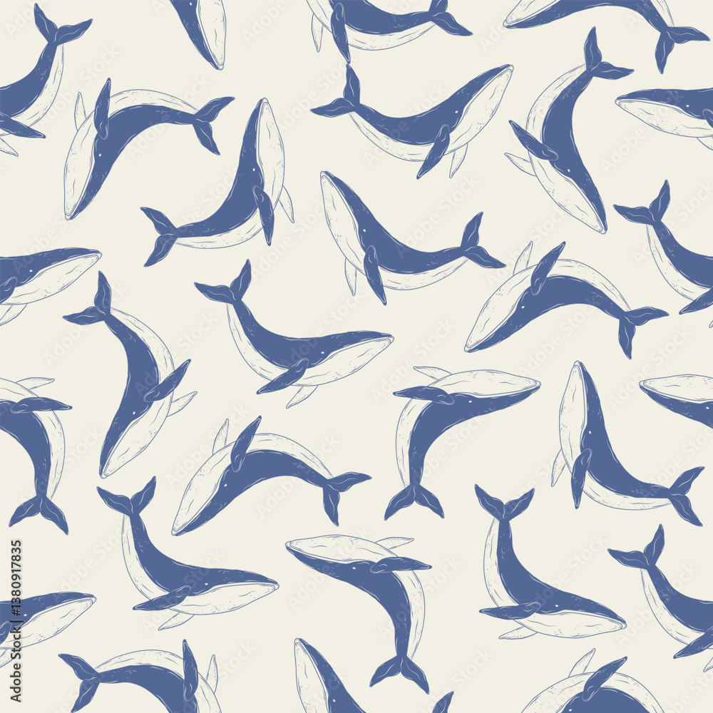 Fototapeta premium Vintage hand-drawn seamless pattern with blue whale. Monochrome blue ink. Designed for wrapping paper, packaging, fabric, and textiles. Vector illustration.