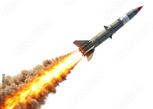 missile rocket with fireb trail isolated on white background, PNG
