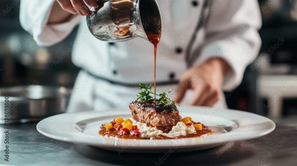 Expert culinary artist delicately pouring luscious sauce onto a meticulously prepared plate