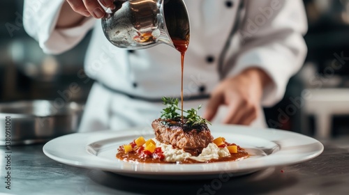 Obraz na płótnie Expert culinary artist delicately pouring luscious sauce onto a meticulously prepared plate w salonie