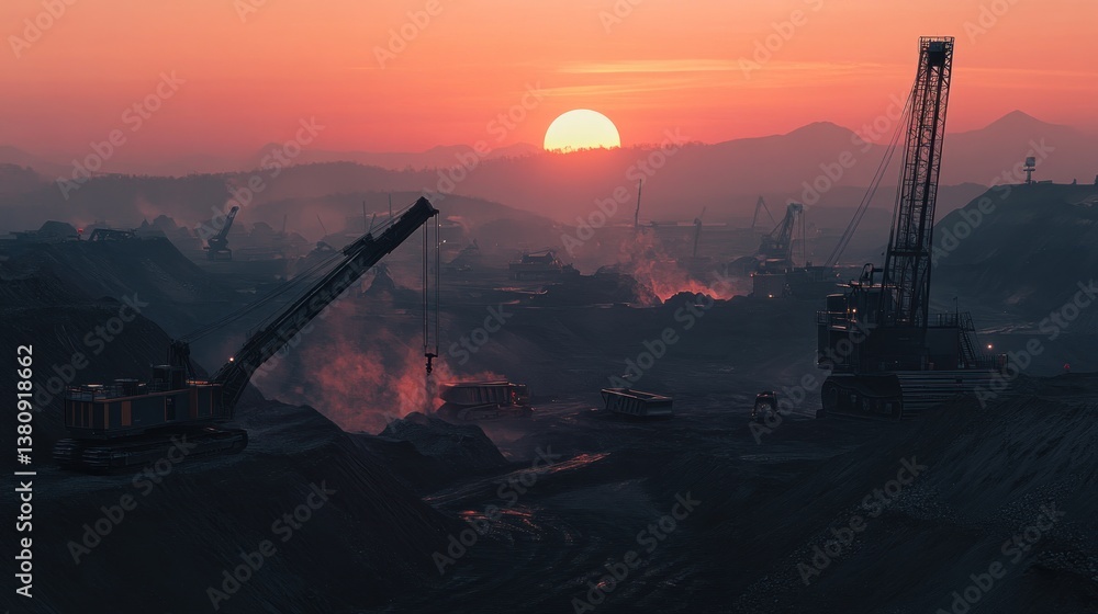 Epic sunrise over a large-scale mining operation, showcasing heavy machinery and industrial activity